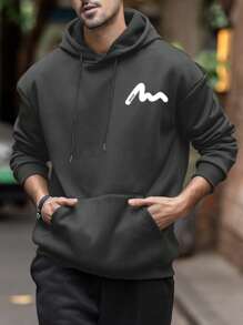 男士印花抽绳连帽卫衣，秋冬款，长袖上衣 - 深灰色 - 查看 3