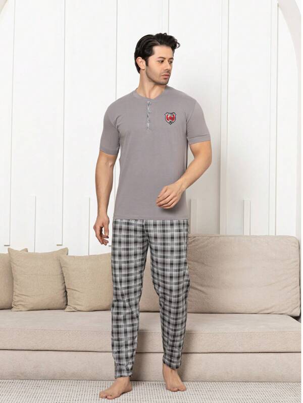Hellgrau karierter Baumwollstoff, Pyjama-Set für Herren in Große Größen