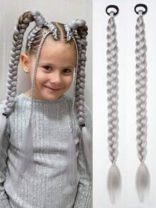 Kids Synthetic Braided Ponytail Extension With Elastic Rubber Band Long Straight Pony Tail For Girls Party 2pcs - Purple - View 14