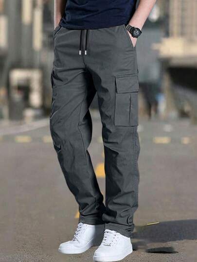 1pc Men's Outdoor Sports Suit, Spring/Autumn Solid Color Hiking Multi-Pocket Cargo Pants, Summer Beach Vacation Loose Casual Sports Trousers For Commuting, Running, Fitness, Straight Leg Sweatpants