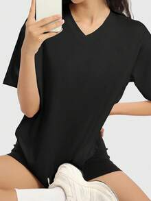 Speed mate 女士宽松圆领短袖T恤，休闲衬衫，Y2K 2024基础款T恤，夏季 - 黑色 - 查看 3