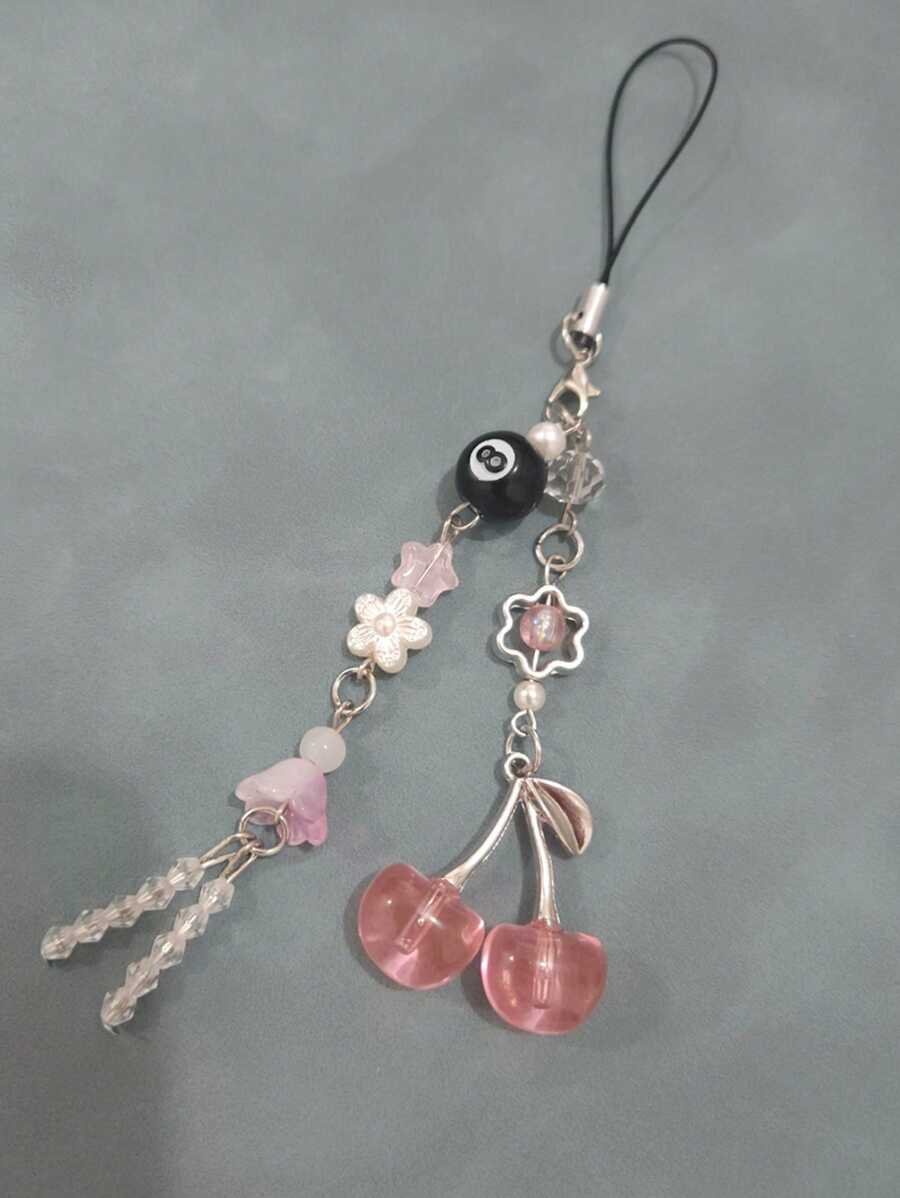 1 件 Y2K 风格 Y2K 红色樱桃与音符吊饰手机挂绳，糖果装饰樱桃吊坠，蝴蝶结，可用作手机挂绳和配件，耳机吊饰 - 粉色 - 查看 1