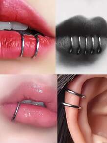 3 件朋克不锈钢假唇环鼻环唇钉鼻环耳钉 C/双层/十字耳环假唇环非穿孔唇钉环男女通用 - 3件唇環 - 查看 2