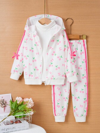 Girls Cute Cherry Print Hooded Sweatshirt And Long Pants 2-Piece Set