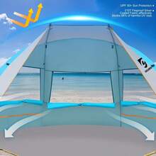 UNICAMPER Beach Tent 3 Person Sun Shelter UPF 50+ With Extended Waterproof Pe Floor & 3 Mesh Roll Up Windows Fits, Portable Beach Shade Easy Setup For Outdoor Camping, Indoor, Fishing, Yard. (Green) - 藍色 - 查看 1