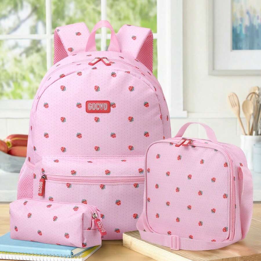 3pcs Kids Backpack Set For Girls School Bags Large Capacity Boys Printing School Backpack Set Rucksack Bagpack Kids Cute Book Bags, Casual Outings, Casual Student Bag - Pink Strawberry - View 1