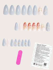 增添一丝浪漫气息，24 片中号杏仁形按压式假凝胶指甲清新时尚浅蓝色水波纹固体仿珍珠雄蕊假指甲休闲夏日海滩度假风格 3D 漆花贝壳海星全覆盖假指甲套装适合女士和女孩，包括 1 片粘合标签和 1 件迷你锉刀条果冻凝胶随机发货美甲用品指甲 - 淺藍色 - 查看 2