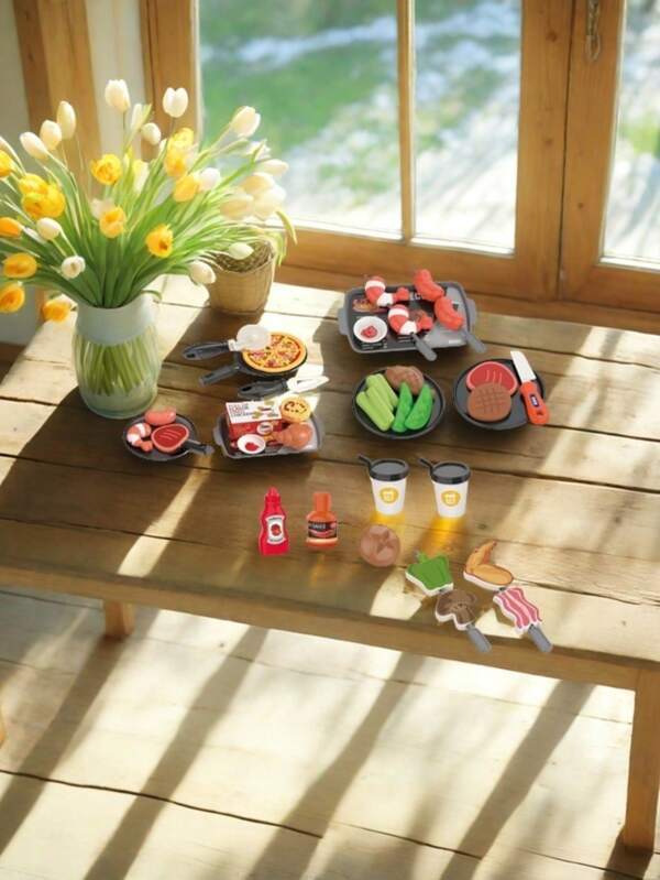 31 piezas/34 piezas Juego de juguetes de barbacoa y pizza para niños, juguetes de cocina y comida para juego de roles, diversión familiar, interacción padres-hijos, DIY para ensamblar ingredientes, desarrollar habilidades manuales y pensamiento lógico, regalo de cumpleaños/Halloween para niños y niñas (algunos estilos y colores de accesorios al azar)