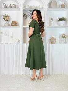 LivanModas Elegant Women's Viscose Dress With Sleeves And Bow Detail – Sophisticated Fashion - Dark Green - View 4