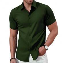 Men's Slim Dress Shirt With Elastane - Wrinkle-Free And Fits Perfectly - 軍綠色 - 查看 1