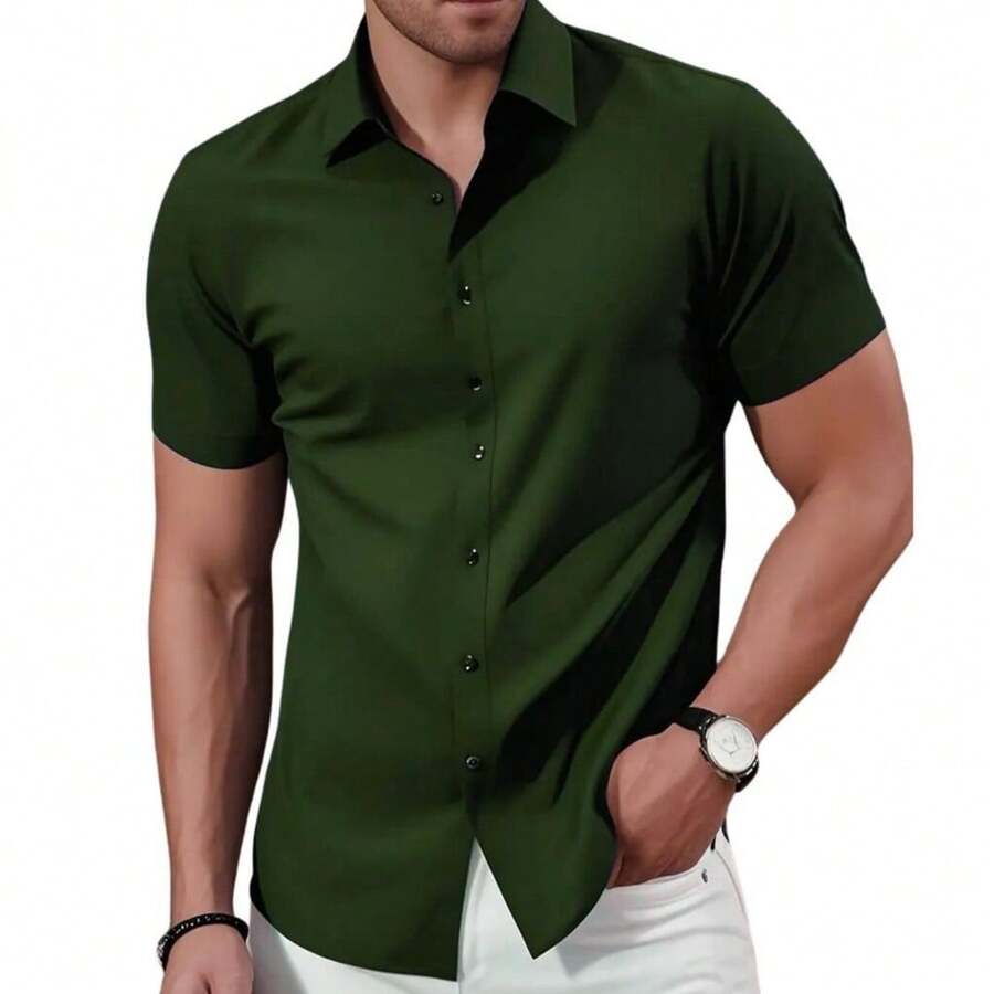 Men's Slim Dress Shirt With Elastane - Wrinkle-Free And Fits Perfectly - 軍綠色 - 查看 1