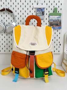 休闲拼色双口袋抽绳翻盖背包，女士便携式学校/校园包，适合学习、购物、返校季