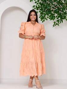 Women's Midi Dress With Embroidered Laise, All-Over Print, Embroidery, Button, Ruffle, Gathered, Formal And Evening - 3D Salmon - View 1