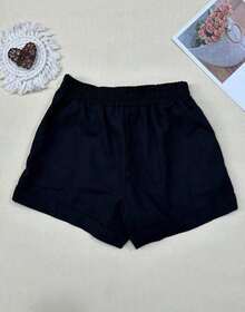 Women's Short Linen Shorts With Elastic Waistband - Black - View 2