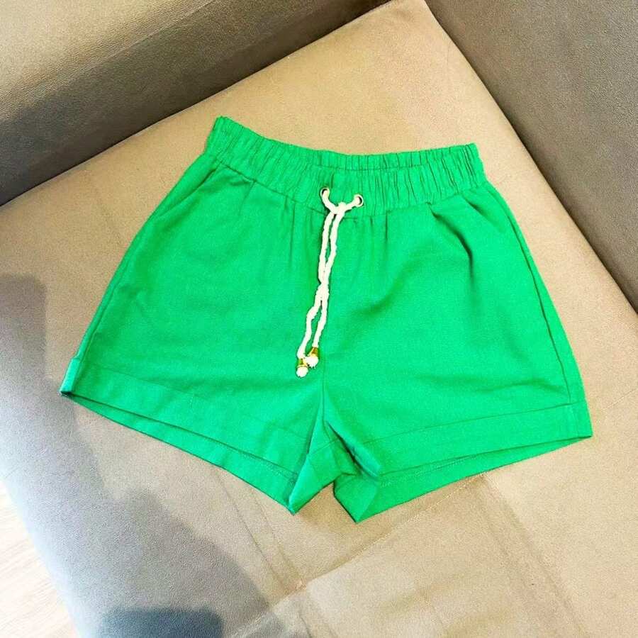 Women's Short Linen Shorts With Elastic Waistband - 薄荷綠 - 查看 1