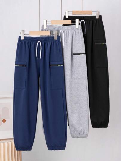 Tween Boy Casual Minimalist 3-Person Graphic Zip Pocket Solid Color Pants, Suitable For Daily Sports And Vacation