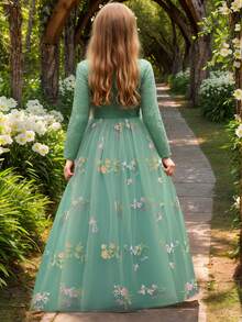 Girls Flower Vintage Floral Lace 3/4 Sleeves Floor Length Dress Easter Day Wedding Party Evening Formal Pegeant Dance Gown - 綠色 - 查看 2