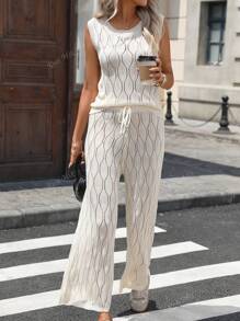 Knit Mix Spring Summer Women's Knit Two Pieces Set, Casual Simple Relaxed Style Crew Neck Knit Vest And Pants, Outing Vacation Back To School Autumn Fall Women Clothes