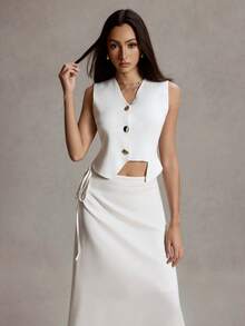 Nouveau style pour femmes Gilet cardigan ouvert en tricot à col V sans manches avec boutons métalliques, ourlet asymétrique , décontracté, printemps été automne - Beige - Voir 4