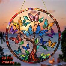 2D Flat Tree Of Life Butterfly Suncatcher - 8"X8" Stained Glass Style Acrylic Window Decoration, Modern Garden/Door Wall Art Decoration, Unique Gift For Friends, Parents, Grandparents, Exquisite Detail Design, Home Decoration, Exclusive For Interior Designers, Colorful Butterfly Pendant - 彩色 - 查看 5