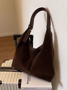 复古绒面革大容量休闲单肩托特包，拼布拼色托特包，优雅百搭女士通勤包 - 咖啡棕 - 查看 10