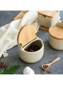 1 Stück/3 Stücke/4 Stücke grobes Keramik Gewürzglas Set mit Holztablett, beinhaltet Salz, Zucker, Hühnerbrühe, getrocknete Chilispeicher Behälter mit Löffeln, geeignet für Küche, Esszimmer, Outdoor Grill, wiederverwendbar