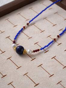 女士复古时尚青金石串珠项链，奢华天然石和养殖珍珠蝴蝶宗教链 - 藍色 - 查看 5