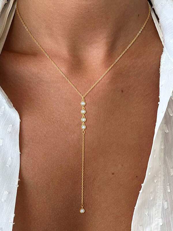 1 peça de colar longo com borla em forma de Y, banhado a ouro 18K, aço inoxidável, corrente para clavícula