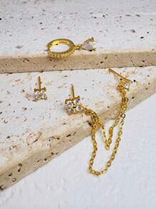 3 件水滴形锆石环状花链耳钉可堆叠耳环，适合女士，14K 镀金优雅小巧 CZ 耳环堆叠，防过敏，适用于耳垂、耳轮软骨，女士多孔穿孔首饰