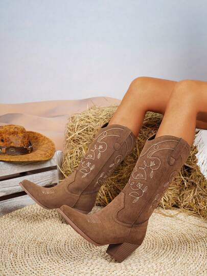 Women's Plus Size V-Cut Pointed Toe Chunky Heel Embroidered Western Cowboy Boots, Suede Lining, Autumn/Winter New Outdoor Fashion Slip-On Mid-Calf Boots