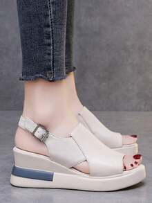 Sandalias de cuña de suela gruesa para mujer, color liso, sencillas y elegantes. - Blanco - Ver 4