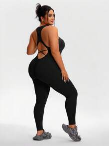 TCVC 加大码女式无袖交叉后背瑜伽连体衣，无缝针织，百搭休闲紧身塑身衣，适合瑜伽、户外运动，四季皆宜