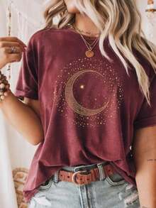 Tshirt Feminina Estilosa Camisa Estampada Círculo de Lua e Poeira das Estrelas Estampada Lançamento Camiseta 100% Algodão Camisetão Solta Oversized Plus Size Camiseta - Vinho - Visão 1