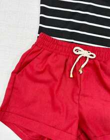 Women's Short Linen Shorts With Elastic Waistband - Red - View 2