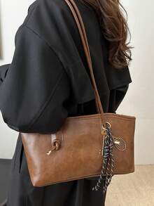 1个咖啡棕色绗缝拉链PU纯色保龄球包，大容量手提包，新款时尚复古单肩包，适合女性日常使用，秋冬季 - 棕色 - 查看 4