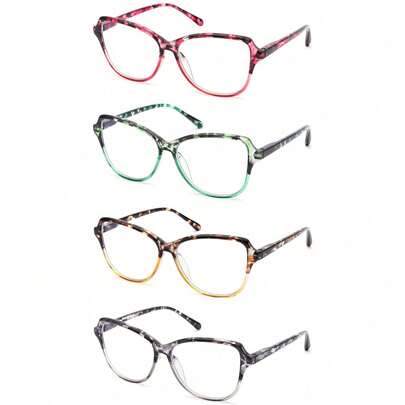 4 Pairs Women's Anti-Blue Light Reading Glasses Oval Fashion Patterned Frames Spring Hinges Eyeglasses For Everyday Use