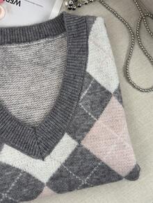 新款 V 领学院风多层针织背心，宽松毛衣背心，菱形图案休闲马甲