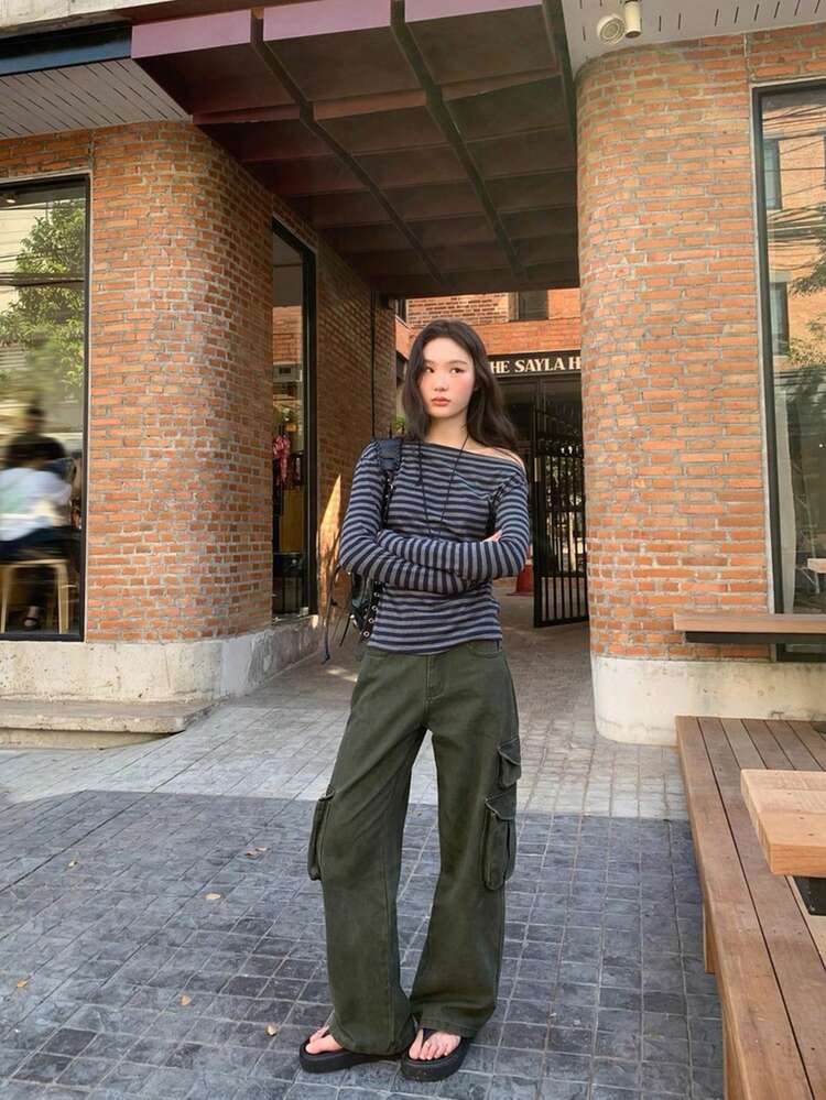 女性用スクープネック ボーダー長袖Tシャツ、新デザイン、スリムフィット、スタイリッシュなカジュアルトップス、春 - グレーブルーのストライプ - 見る 7