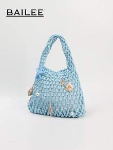 BAILEE Fashionable Colorful Polyester Yarn Hand-Woven Pattern Handbag With Ocean Charm, Suitable For Vacation - Blue - View 4