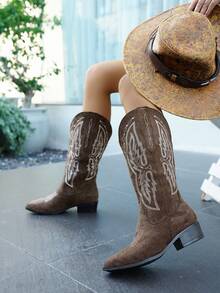 女士时尚刺绣仿麂皮咖啡棕色西部靴，尖头粗跟V领过膝长靴，别致朋克风中跟切尔西靴，户外休闲时尚正装靴 - 咖啡棕 - 查看 6