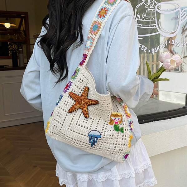 Marine Life Pattern Vintage Hollow Tote Bag, Large Capacity, Starfish & Mermaid Embroidery, Sequin, Shiny Mesh, Knitted Hollow Summer Beach Bag, Shoulder Strap, Women Casual Crochet Handbag, Y2K Shoulder Bag, Suitable For Beach, Holiday, Travel, Gift For Her