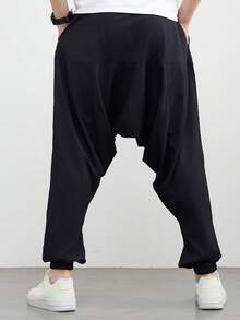 1pc Men's Black Loose Harem Pants, Suitable For Summer Beach, Elastic Waist With Drawstring, Casual Low Crotch, Yoga Pants - Black - View 4