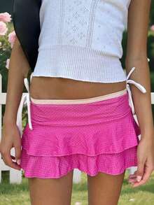 Layered Ruffle Mini Skirt For Women Summer Dots/Stripe/Heart Print/Solid Color High Waist Short Skirts - 玫瑰紅 - 查看 4