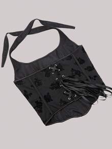 大码花卉蕾丝系带胸衣，修身性感吊带背心，适合女性穿着，可作为节日场合（如慕尼黑啤酒节、万圣节、圣诞节、新年）的塑身衣 - 黑色 - 查看 4