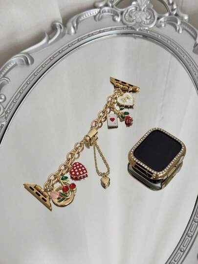 1Pc AppleWatch Band StrapGold Strawberry Tulip Heart Bracelet Strap, Suitable For AppleWatch Strap Ultra/SE/11/10/9/8/7/5/4/3/2/1 Series, As Well As AppleWatch Ultra2/Ultra/SE/38/41/42/44/45/46/49mm, Women's Fashion Bracelet Accessory. The Best Gift For Girlfriends And Friends, Not Clumsy To Wear, Very Suitable For The Wrist, Only Strap, Not Including Watch And Case