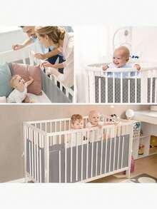 2 件纯色透气网状婴儿床衬垫，无需工具即可轻松安装，纯色透气婴儿床保险杠