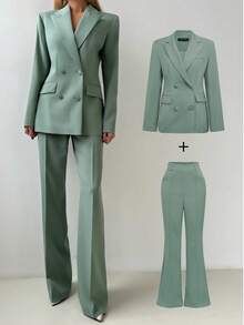 Elegant basic business pendling outfit: Midja åtsittande, vanliga axlar, långärmad kavaj + högmidjade utsvängda byxor, vårkostym - Grön - Visa 2