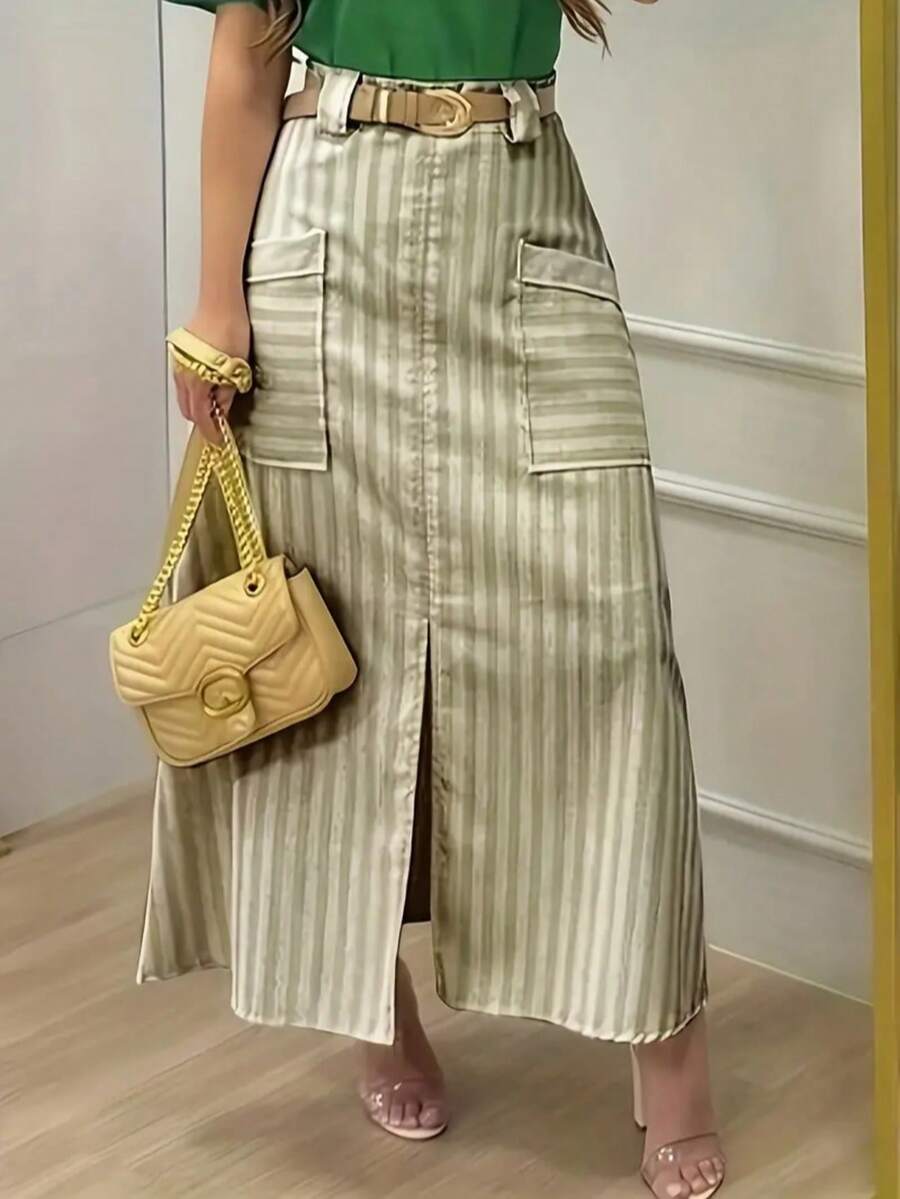 Falda larga casual de mujer a rayas, de tela de poliéster sin estiramiento, con bolsillos - Verde - Ver 1