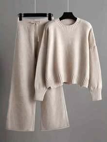Women's Dropped Shoulder Solid Color Casual Ribbed Sweater And Belted Wide Leg Pants Casual Suit