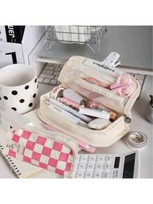 1 Túi đựng bút hình bàn cờ, Trong suốt chống thấm nước, Đen Xanh Hồng, 2 lớp, Thẩm mỹ, Túi đựng bút, Túi đựng văn phòng phẩm, Đồ dùng học tập cho học sinh trở lại trường - màu đen - Xem 10